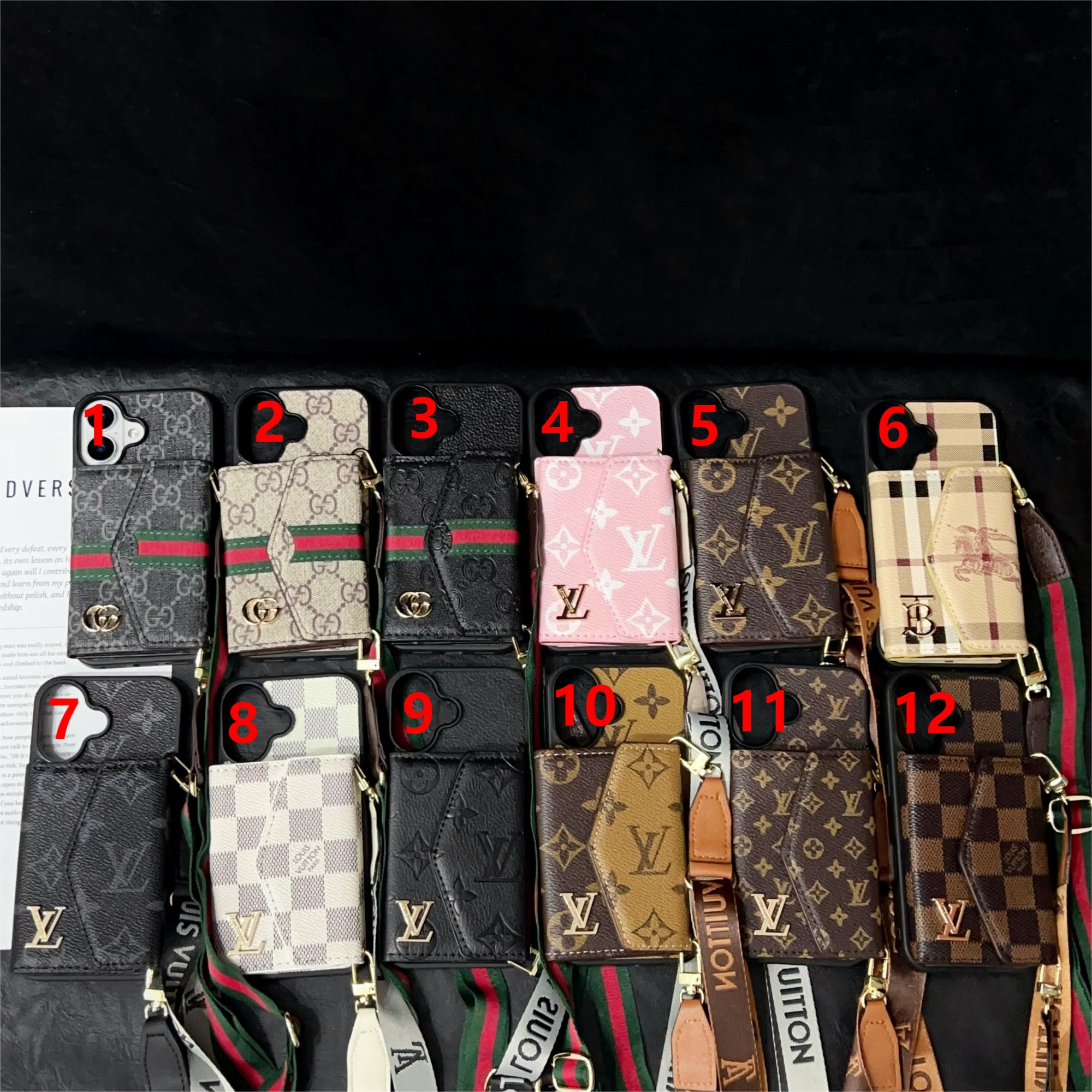 LV-inspired Flip Card Holder with Lanyard Premium Genuine Leather iPhone 11 12 13 14 15 16promax iPhone Case