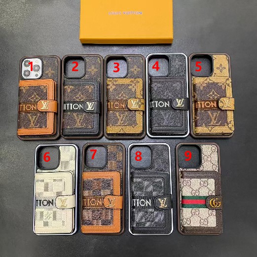 LV+Gucci-inspired Two-tone Edge Horizontal Flip Card Holder Premium Genuine Leather iPhone 11 12 13 14 15 16promax iPhone Case